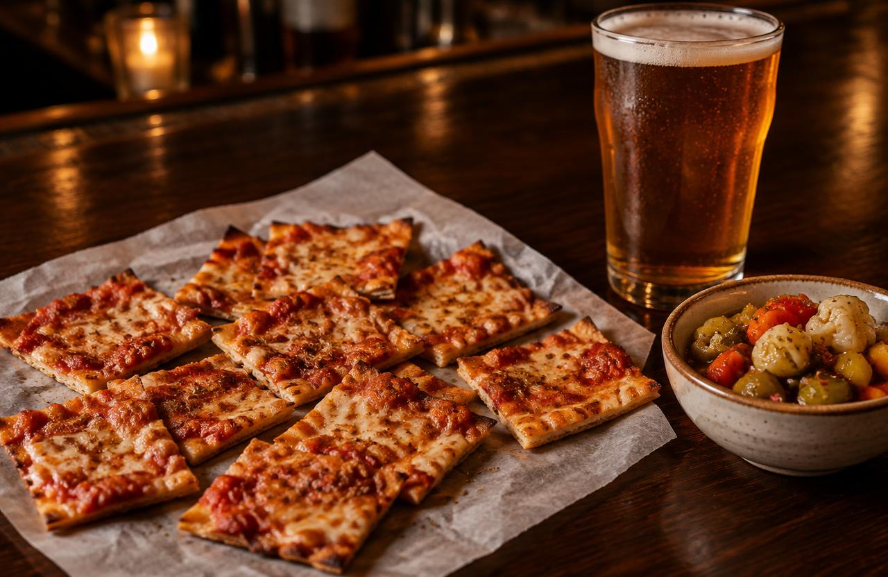 Thin crust squares with lager and giardiniera