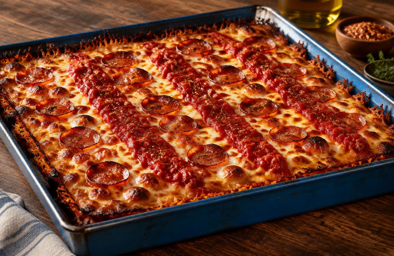 Detroit-style pan pizza with sauce stripes