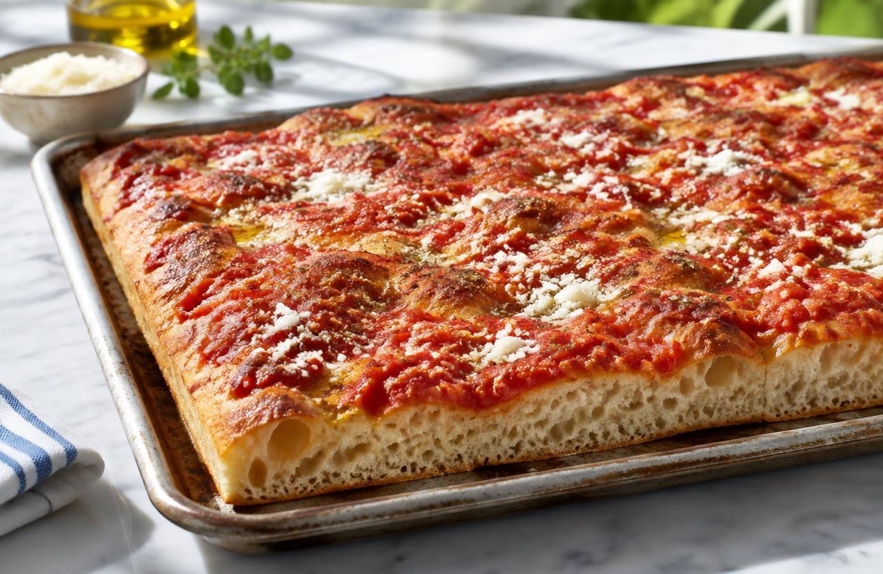 Sicilian sheet pizza on a bakery pan