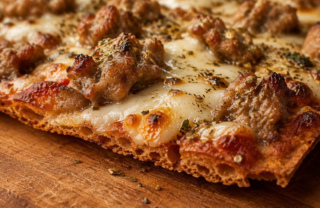 Close-up of cracker-thin crust with sausage