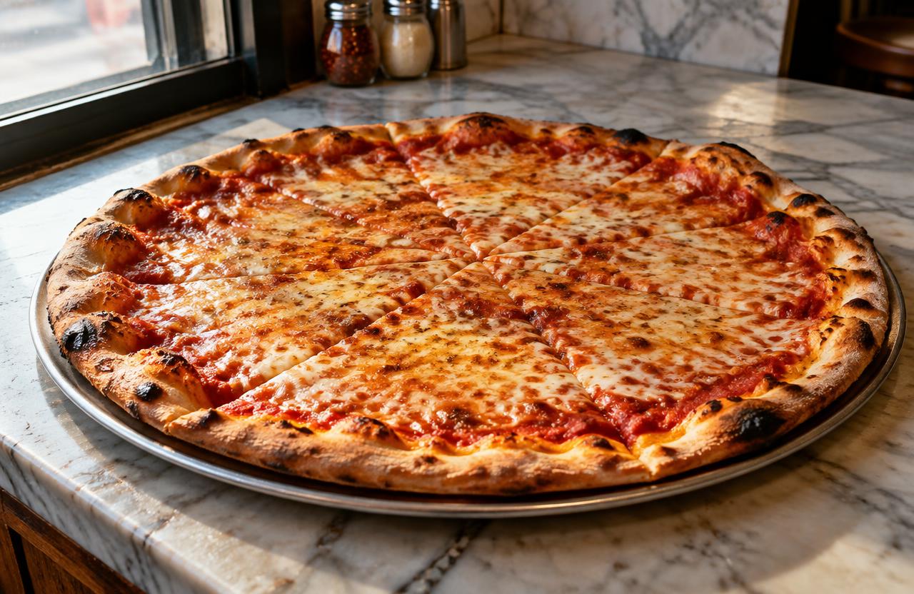 New York style cheese pizza on a marble counter