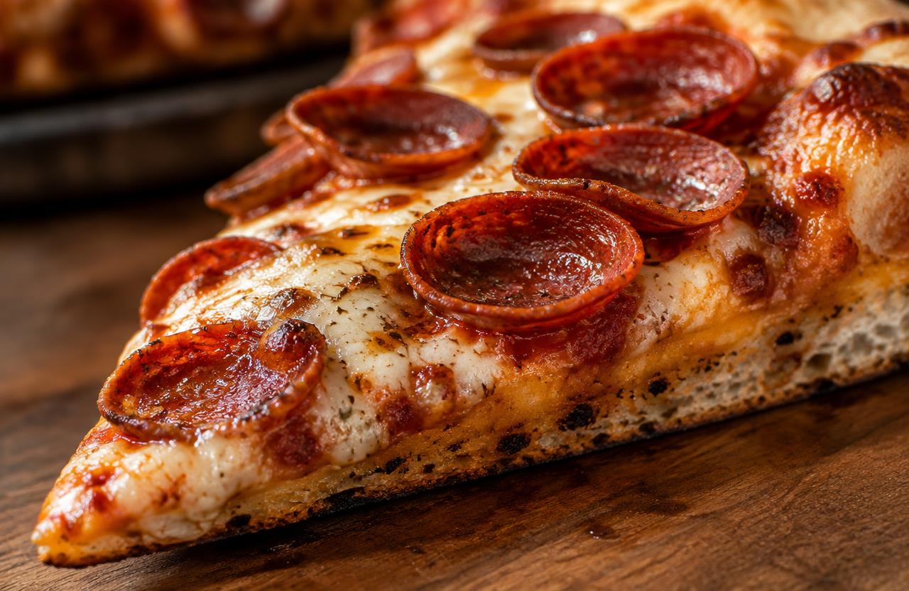 Close-up of a pepperoni slice with crisp underside