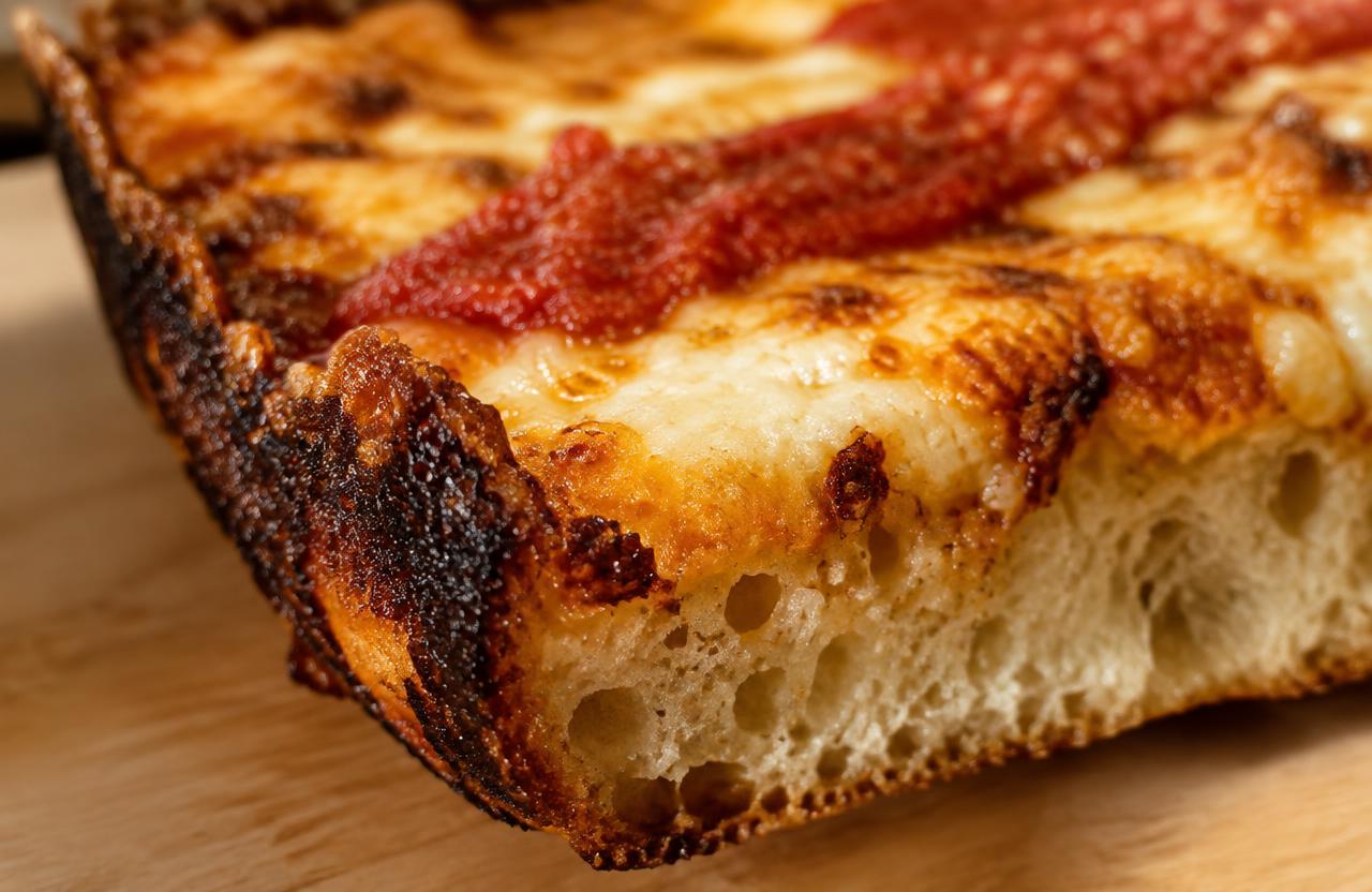 Close-up of caramelized cheese crust corner