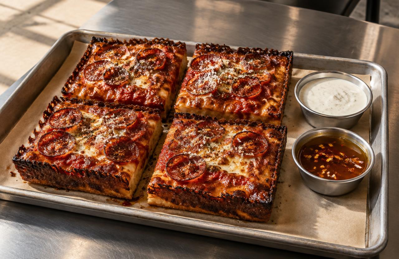 Detroit squares with ranch and hot honey