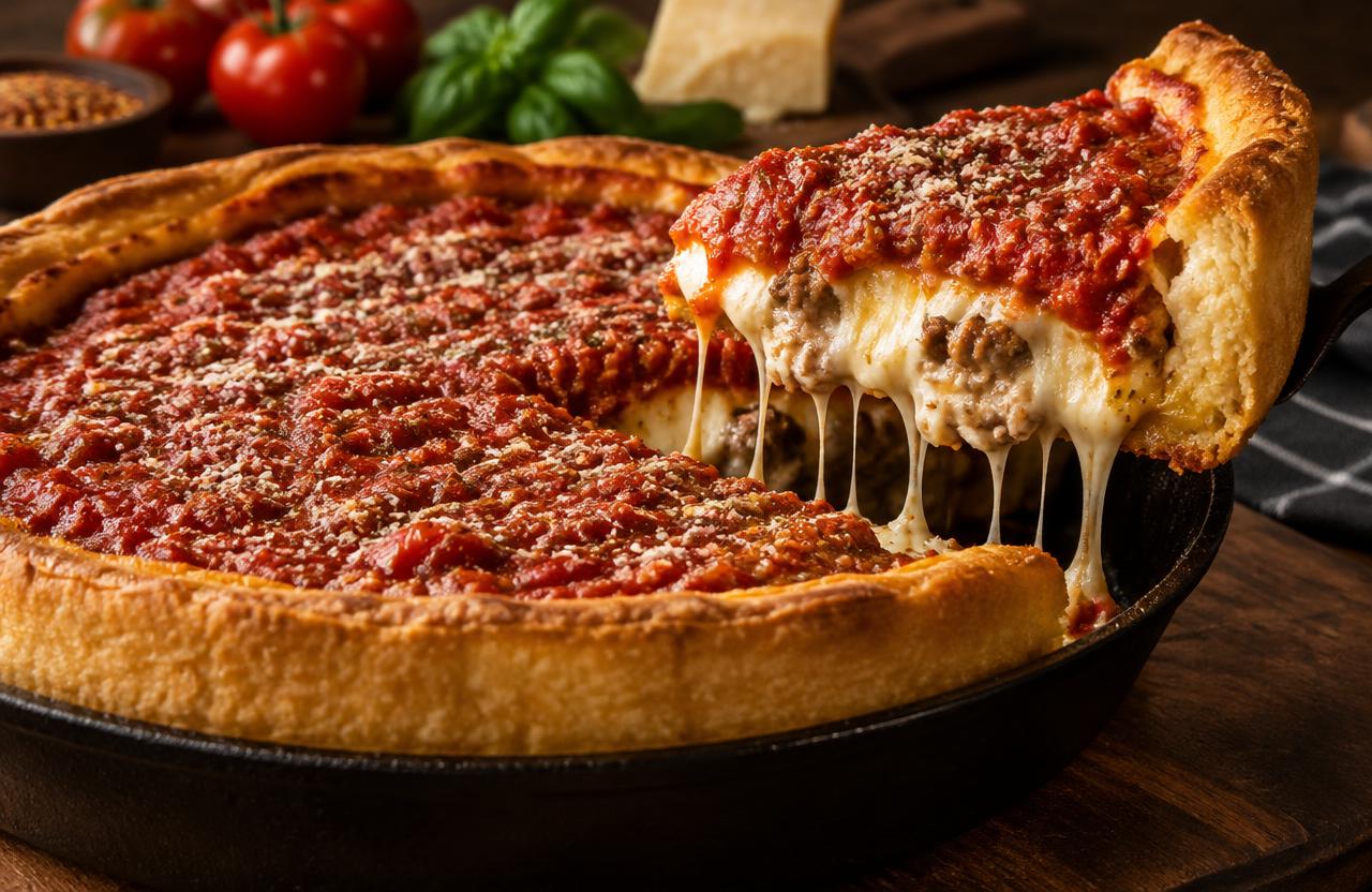Chicago deep dish with a slice lifted
