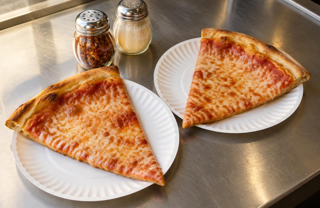 Two plain slices on paper plates