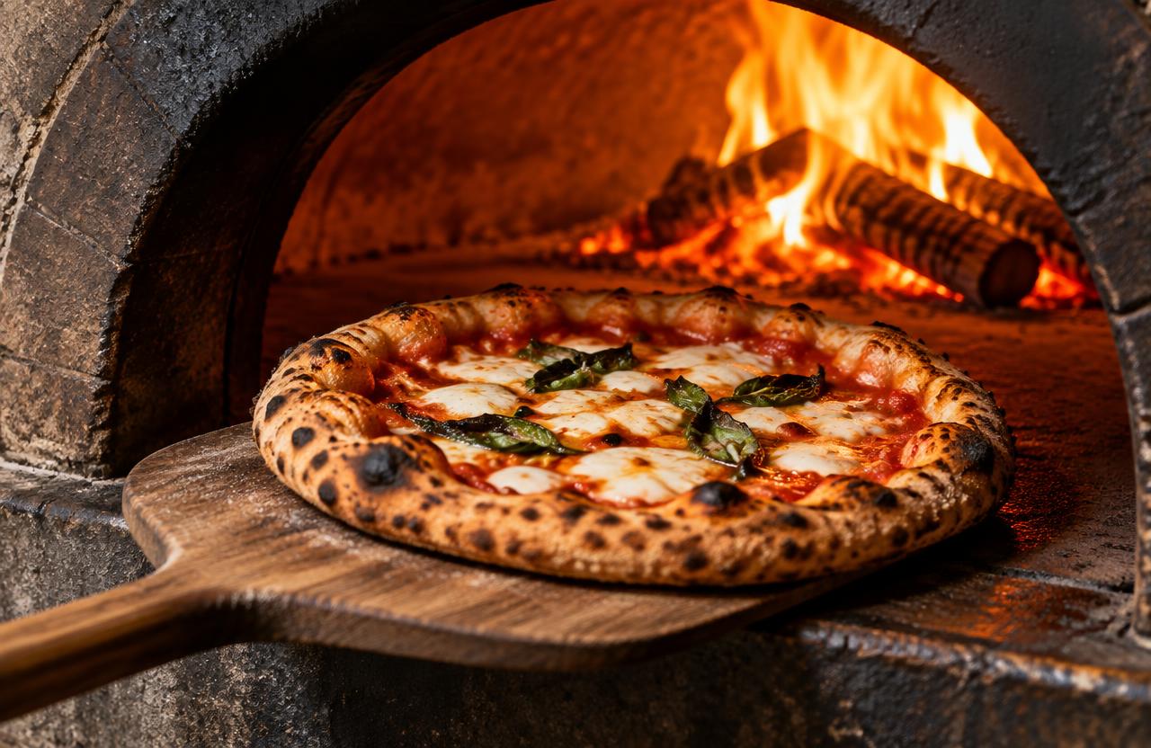 Pizza leaving a wood-fired oven