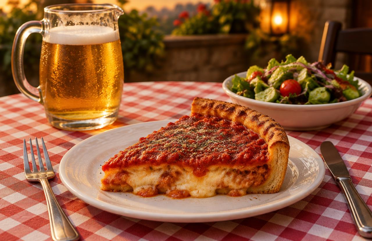 Deep dish slice with beer and salad