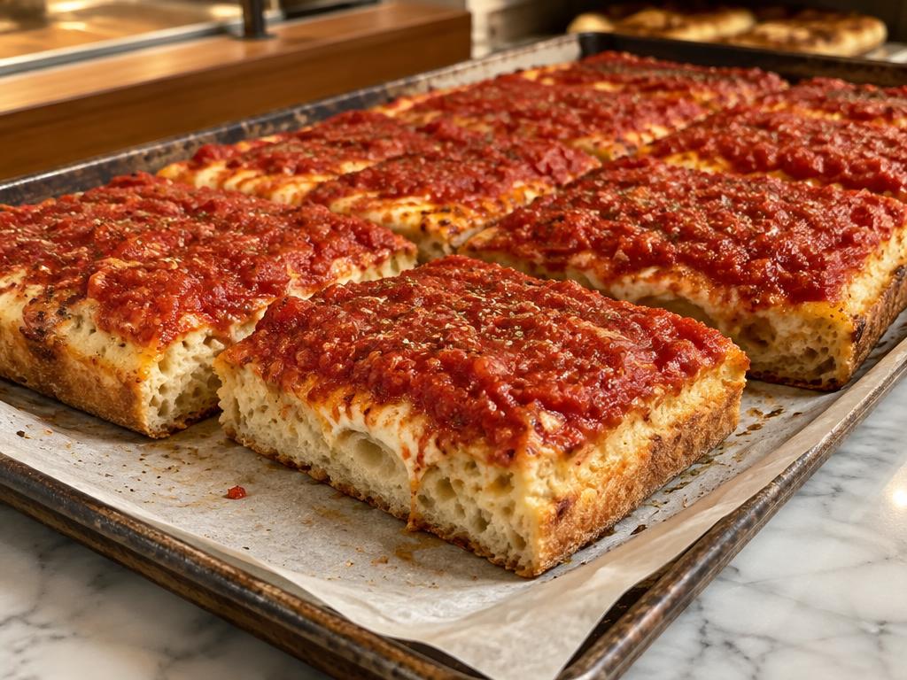 AI-generated preview image: thick square-cut Utica tomato pie