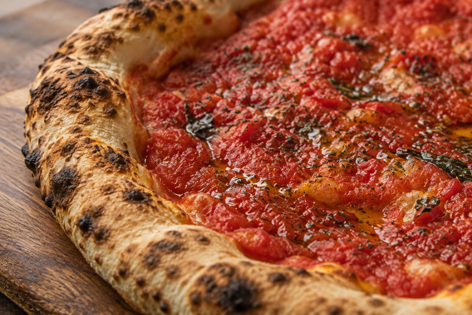 AI-generated preview image: close-up of pizza texture for East Village Pizza
