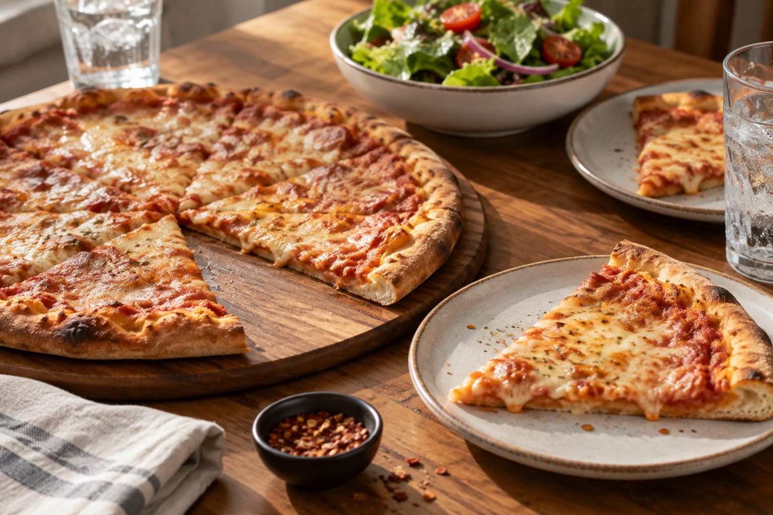 AI-generated preview image: pizza served at a table for East Village Pizza