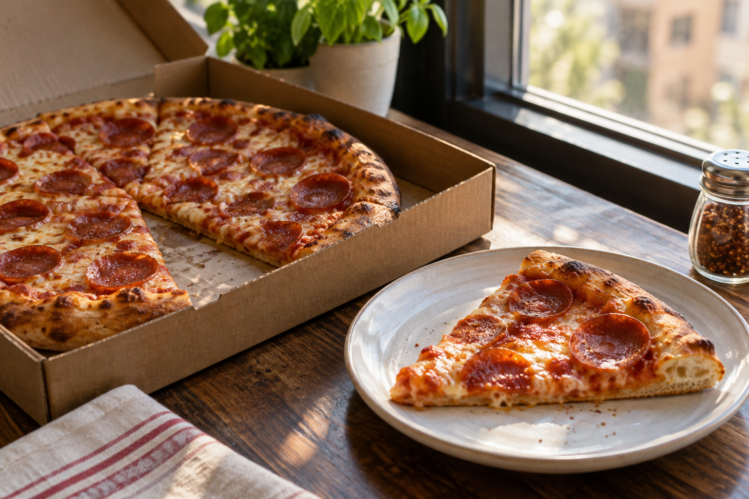AI-generated preview image: pizza served at a table for Emmy Squared Pizza: East Village