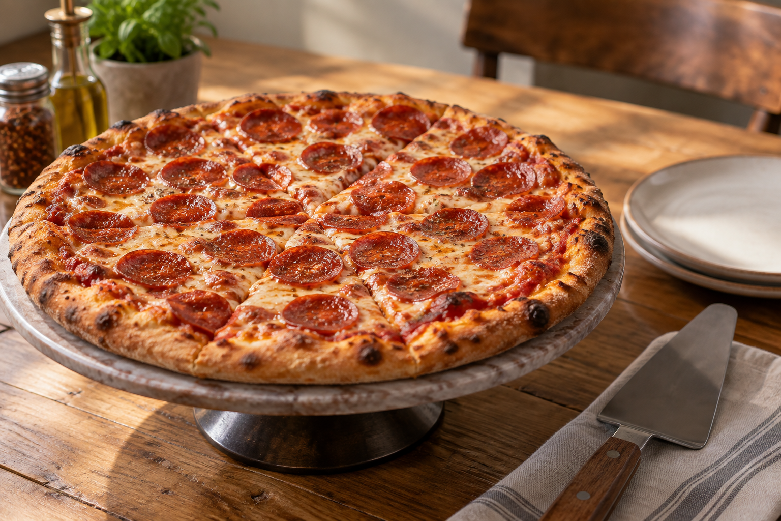 AI-generated preview image: pizza served at a table for Pizza Mia