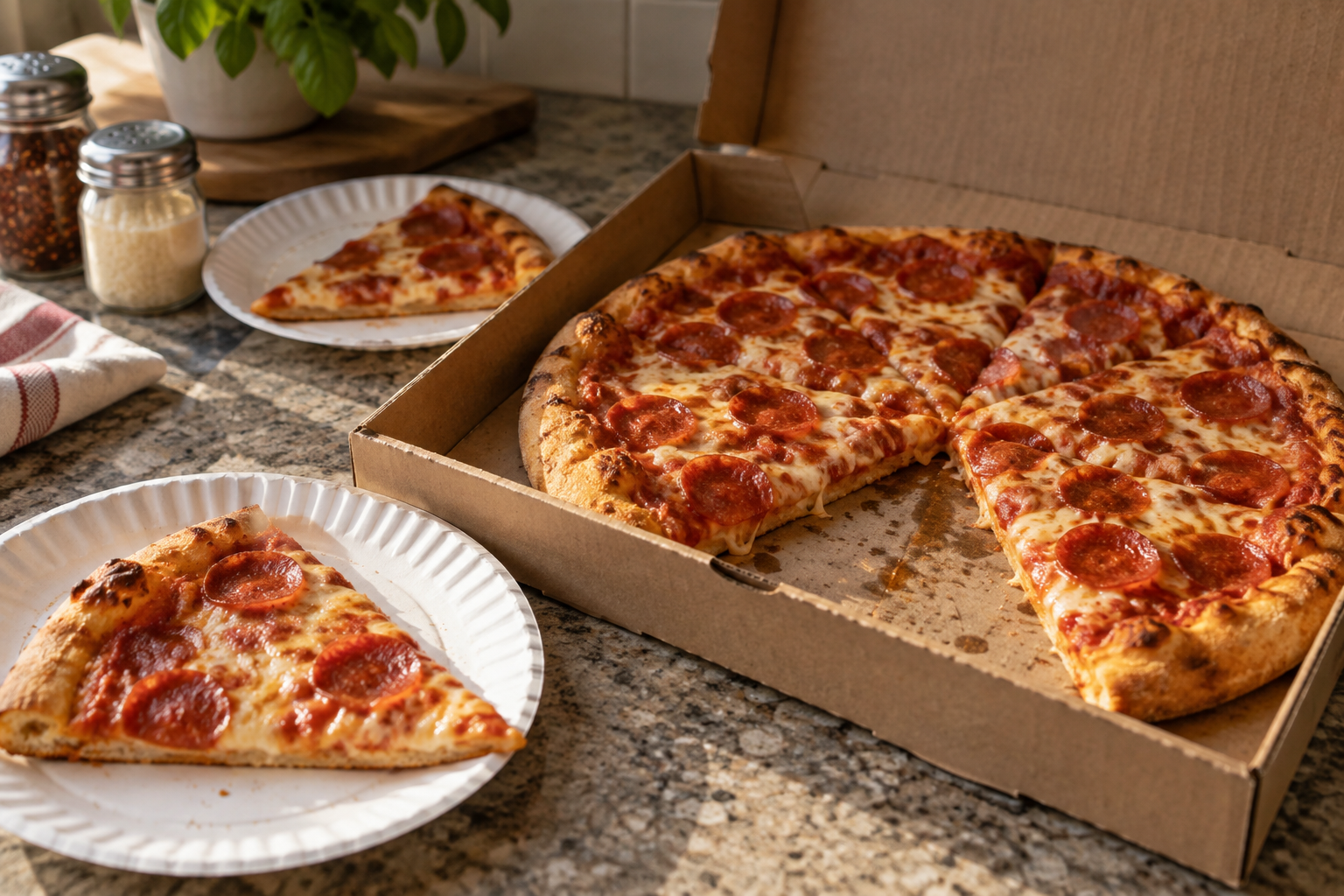 AI-generated preview image: pizza served at a table for Friendly Pizza