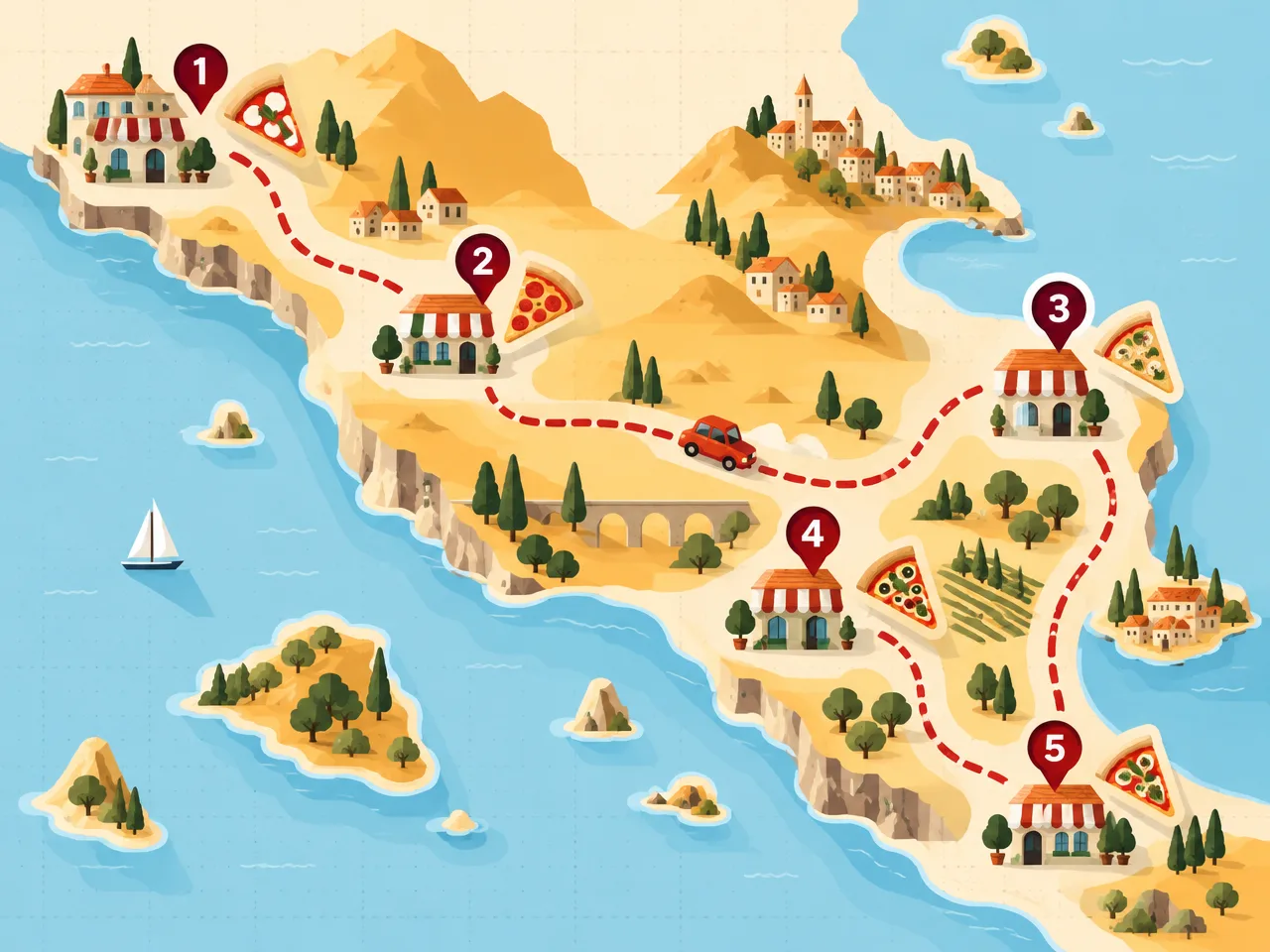 Illustrated pizza road trip map with a dashed route connecting five numbered pizzeria stops